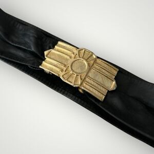 Vintage Leather Wide Belt Gold Color Buckle Art Deco Statement Size XS